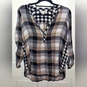 Khasis and Co. Multi Plaid 3/4 Sleeve Top Black,White,Brown Size Small Patchwork